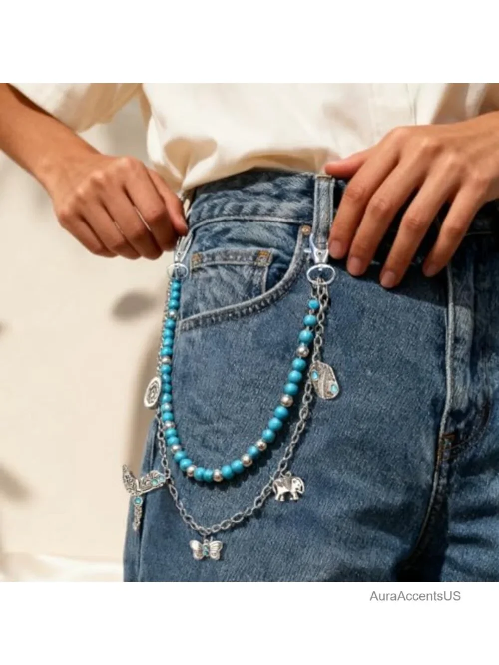 Layered Bead Jeans Chain with Silver Charms Y2K Punk Waist Chain Keychain